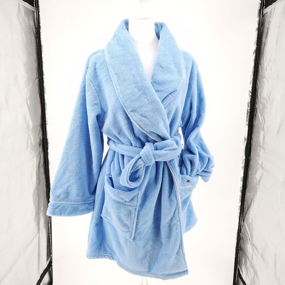 Tommy Hilfiger Plush Short Light Blue Robe - Picture 1 of 4